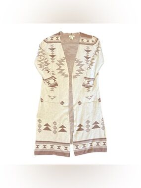 Jessica Simpson Ivory and Taupe Aztec Open-Front Cardigan